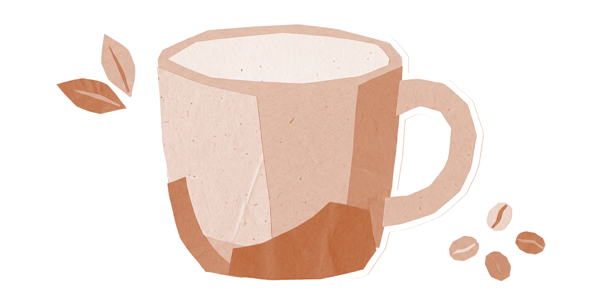 Une tasse en céramique aux tons terre cuite, entourée de feuilles et de grains de café, en aplat texturé