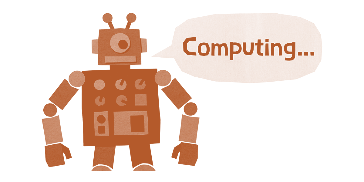Un robot en papier découpé, monochrome terre cuite, et sa bulle « Computing... »